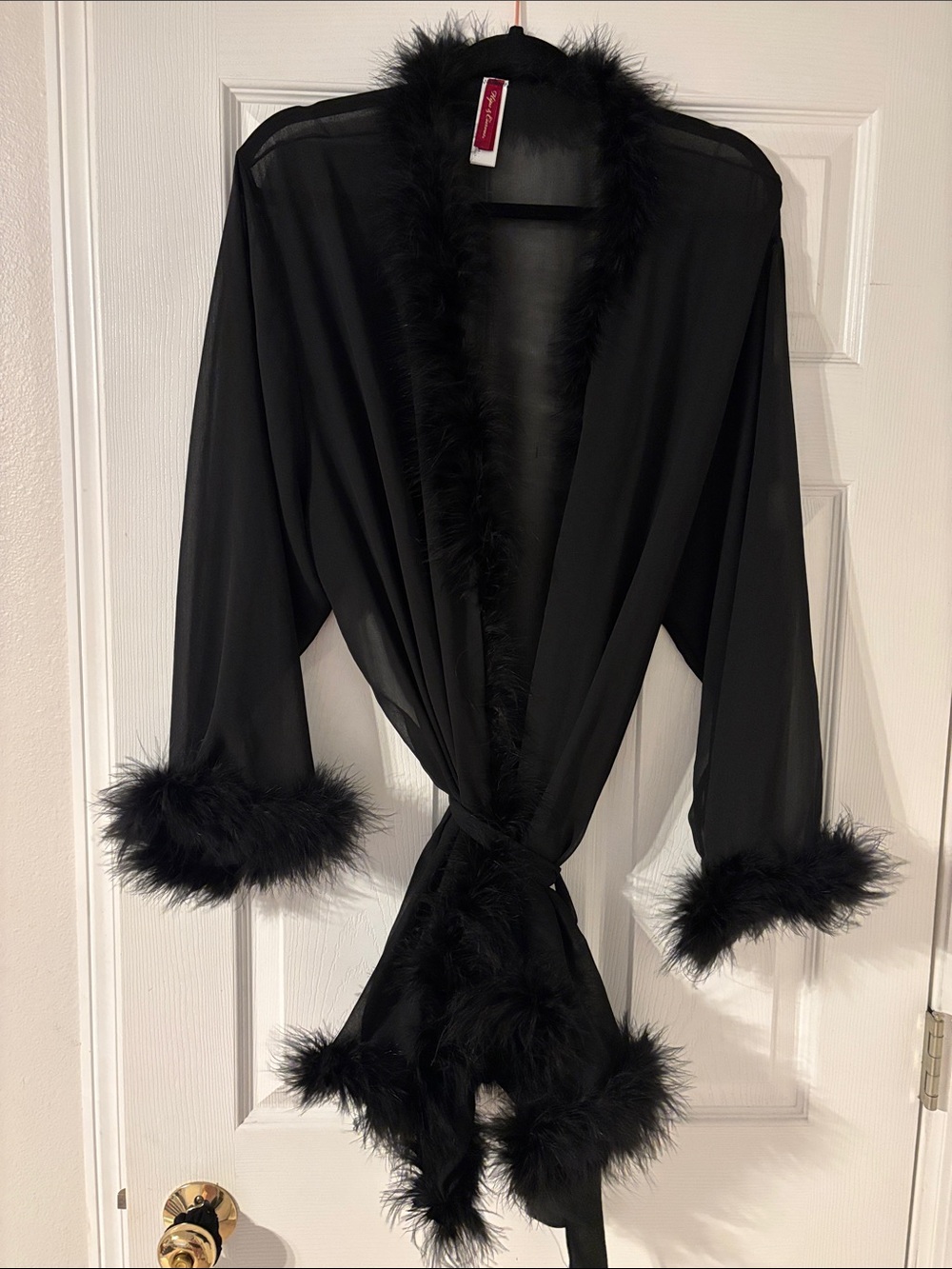 Sheer Black Marabou-Trim Robe with Waist Tie